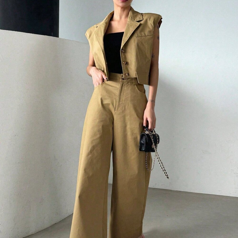 Khaki Casual Women's Turn-Down Collar Batwing Sleeve Top And Wide-Leg Pants Suit - Picture 8 of 9